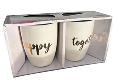 2 mug set HAPPY TOGETHER  White Gold Letters Wedding Couple Gift Valentines