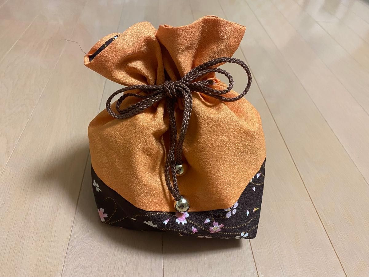 Drawstring purse orange floral pattern women's Ja… - image 1