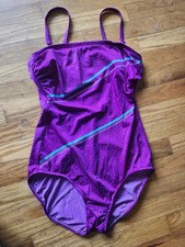 Vintage 70s 80s Robby Len Purple  Dots 1 piece swimsuit women size Medium 15/16