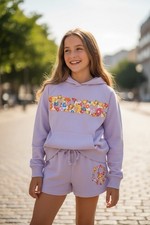 VINTAGE HAVANA Girls Floral PEACE Hoodie and Shorts Set - Lilac - Large 14