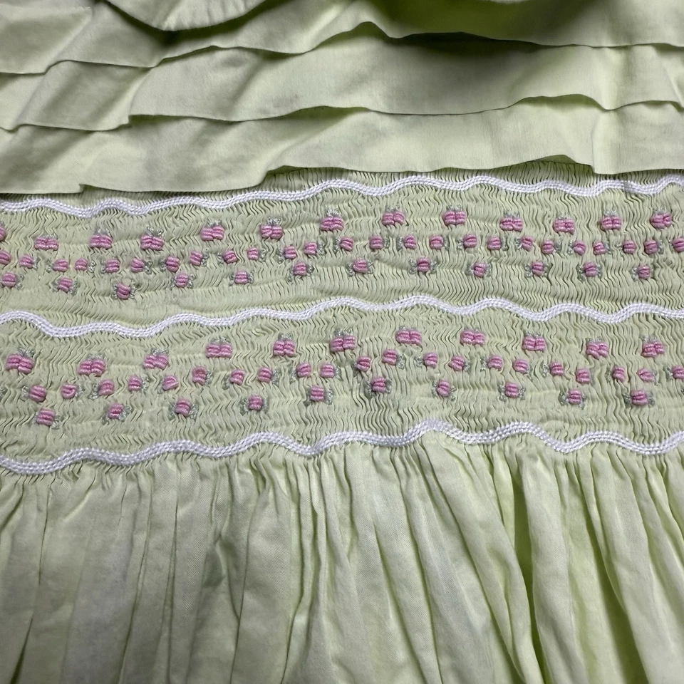 Strasburg Smocked Bodice Dress Girls 7Y Green/Pink Sleeveless Tie Back Long - Image 2 of 4