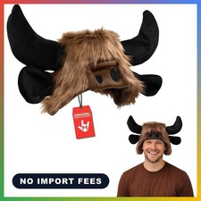 Furry Buffalo Hat with Horns, Multi-Color Accessory