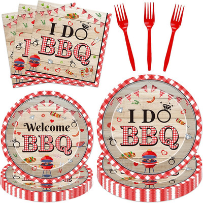 BBQ Party Tableware Set - 96 Pcs Red Gingham Dinnerware for 24 Guests