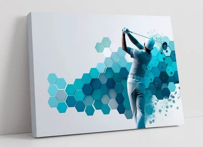 MAN SWINGING GOLF CLUB BLUE HEXAGONAL FRAMED CANVAS WALL ART PICTURE PRINT - Image 1 of 2