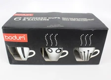 Bodum Paula Black  White Espresso Demitasse Cup and Saucer 2 oz 2.25" Set of 6