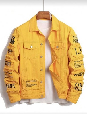 Men s Yellow Denim Jacket Slogan Letter Print Cotton Streetwear