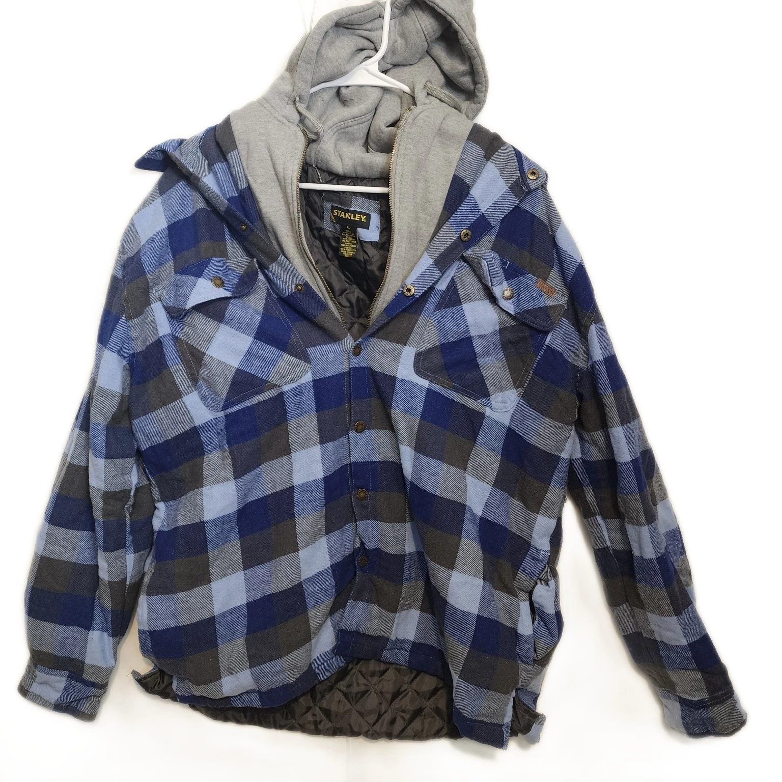 Stanley Men's XL Blue Grey Plaid Flannel Hooded Quilted Work Shirt Jacket Coat - product detail image 1