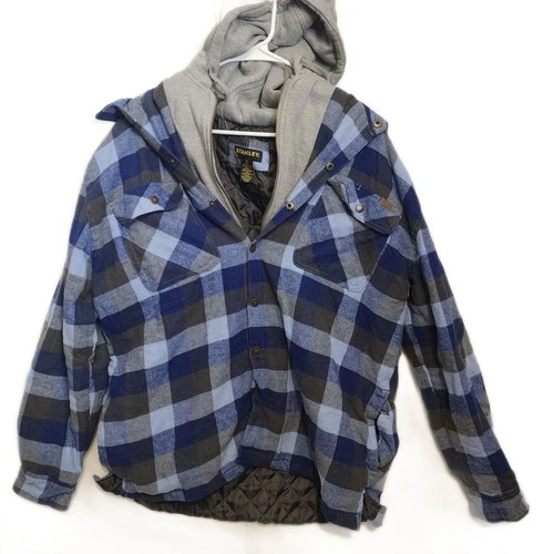 Stanley Men's XL Blue Grey Plaid Flannel Hooded Quilted Work Shirt Jacket Coat video thumbnail