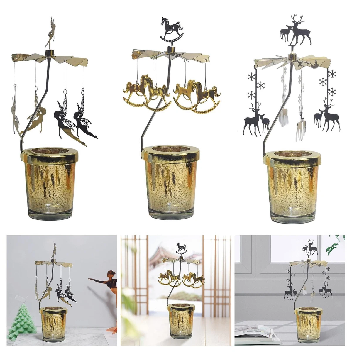 GROOMY Portacandele Rotante In Metallo Con Decorazioni - Carosello Per Tea Light - Modello Amore L