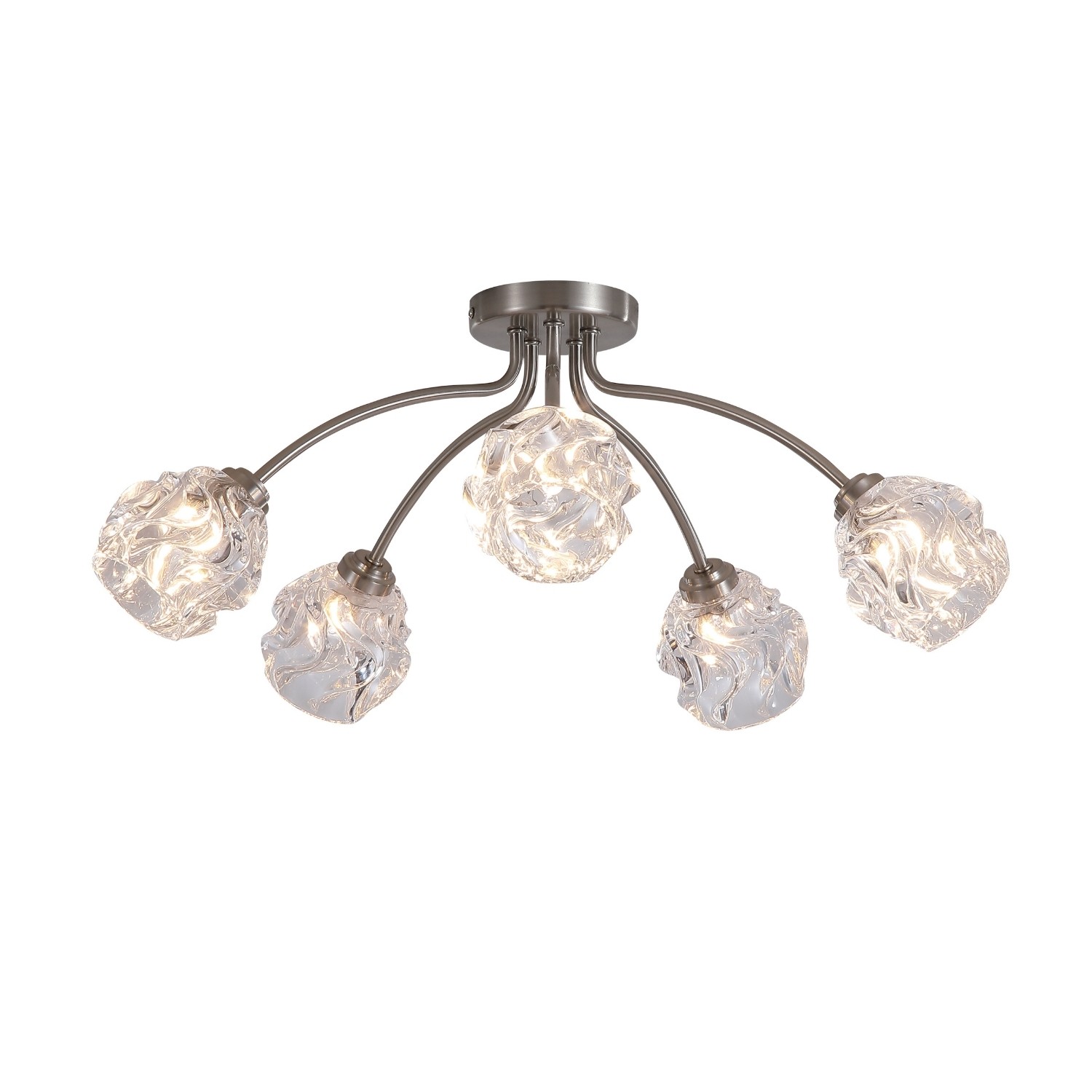 Flush Ceiling Light 5 Light Silver Metal Crumpled Glass Shades G9 Dimmable IP20