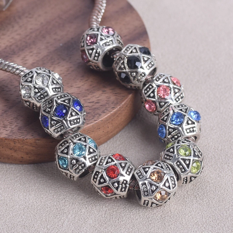 10PCS 10mm Round Tibetan Silver Color Rhinestones Charm Loose Big Hole Beads - Image 3 of 4