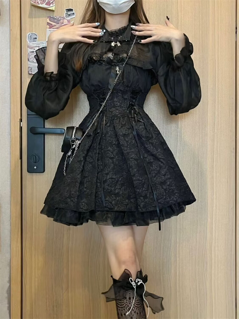 sheer black lolita dress Japanese women Gothic Style Cosplay ribbon kawaii Anime Style smarttag_type_dresses Hoolerry 5 Pcs Halloween Color:Light Coral inspired Dress Step into