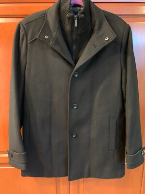 Kenneth Cole Men's Wool Blend Black Coat With Zip Up Ribbed Knit Neck Warmer MED