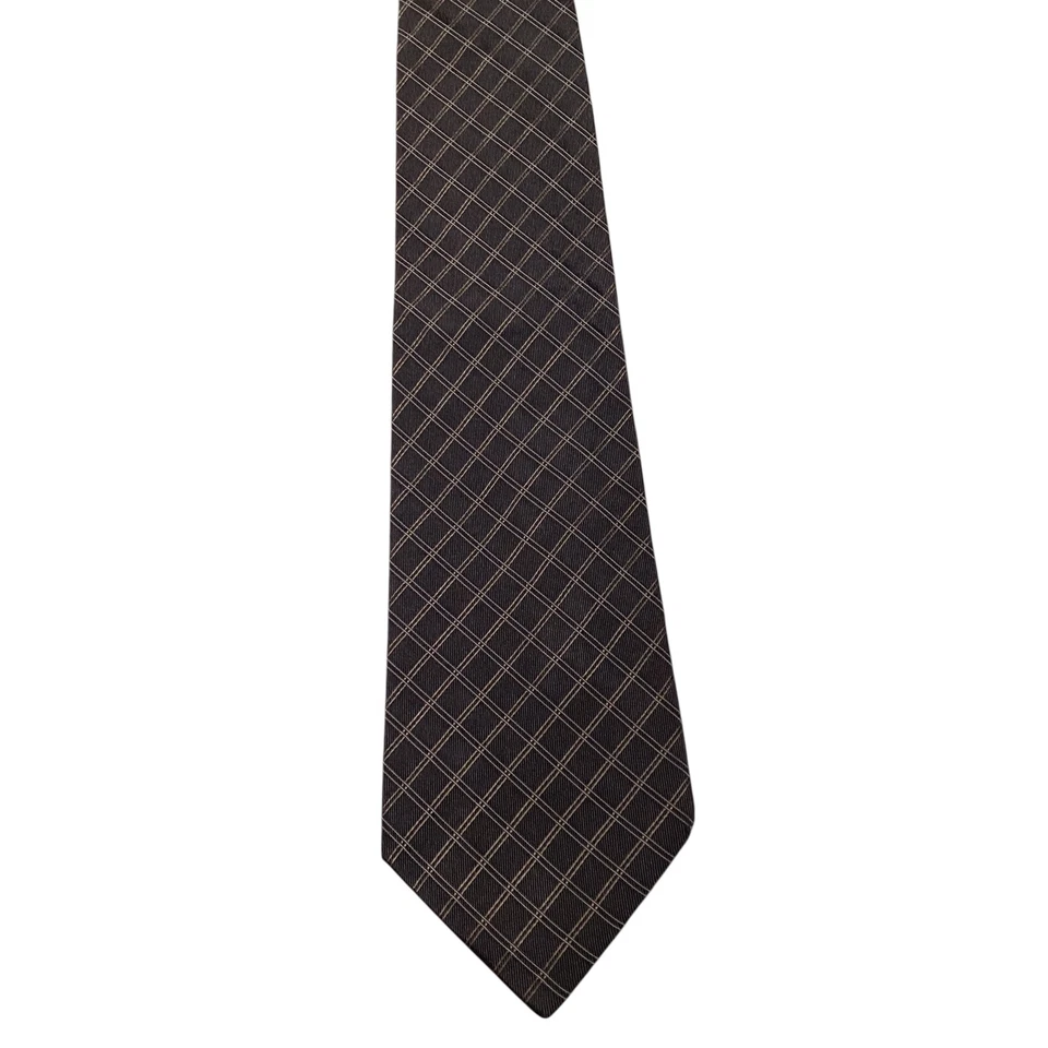 BANANA REPUBLIC Men's 100% Silk Necktie ITALY Designer PLAID Gray/Tan/Silver EUC - Image 2 of 3