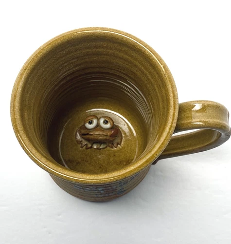 Studio Pottery Mug Frog Inside 3D Stoneware Coffee Cup Vintage Decor Self Clean
