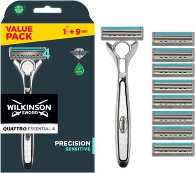 WILKINSON SWORD Quattro Titanium For Men Sensitive Razor Handle + 9 Cartridges