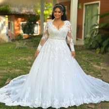 Plus Size A Line Wedding Dresses Long Sleeve Lace Applique V Neck Bridal Gowns