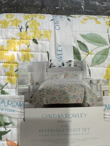 NIP Cynthia Rowley Yellow Peach Floral King Quilt Set 3pc - Picture 4 of 6