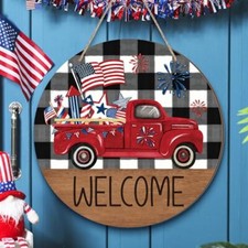 4th of July Welcome Sign Decoration Rustic Patriotic Front Door Decor Memorial