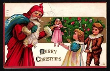 Antique Vintage Christmas Postcard Santa Kids Blue Bag Pink Doll IRONTON OH #554