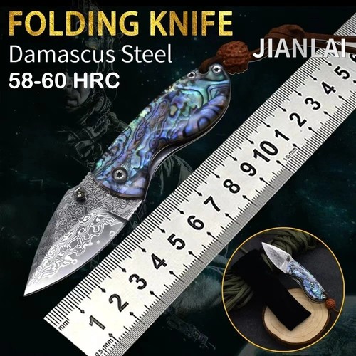 Mini Spear Point Folding Hunting Knife Survival Camping Damascus Steel Shell Cut - Picture 22 of 24