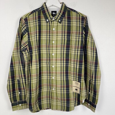 Stussy Shirt Mens Small Green Madras Plaid Casual Camp Surf Skate Button Up NEW