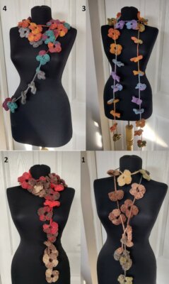 Colorful floral scarf, long wool necklace crochet accessories, hand knit gift
