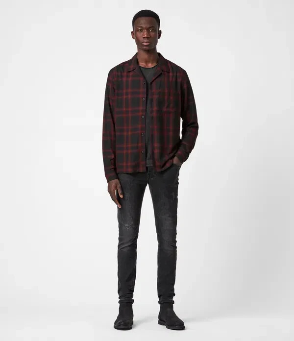 Allsaints L42224 Mens Black Red Plaid Westel Casual Relaxed Shirt Size L image 2