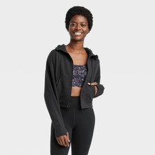 Women's Ribbed Fleece Cropped Hooded Sweatshirt - All in Motion Black XXL
