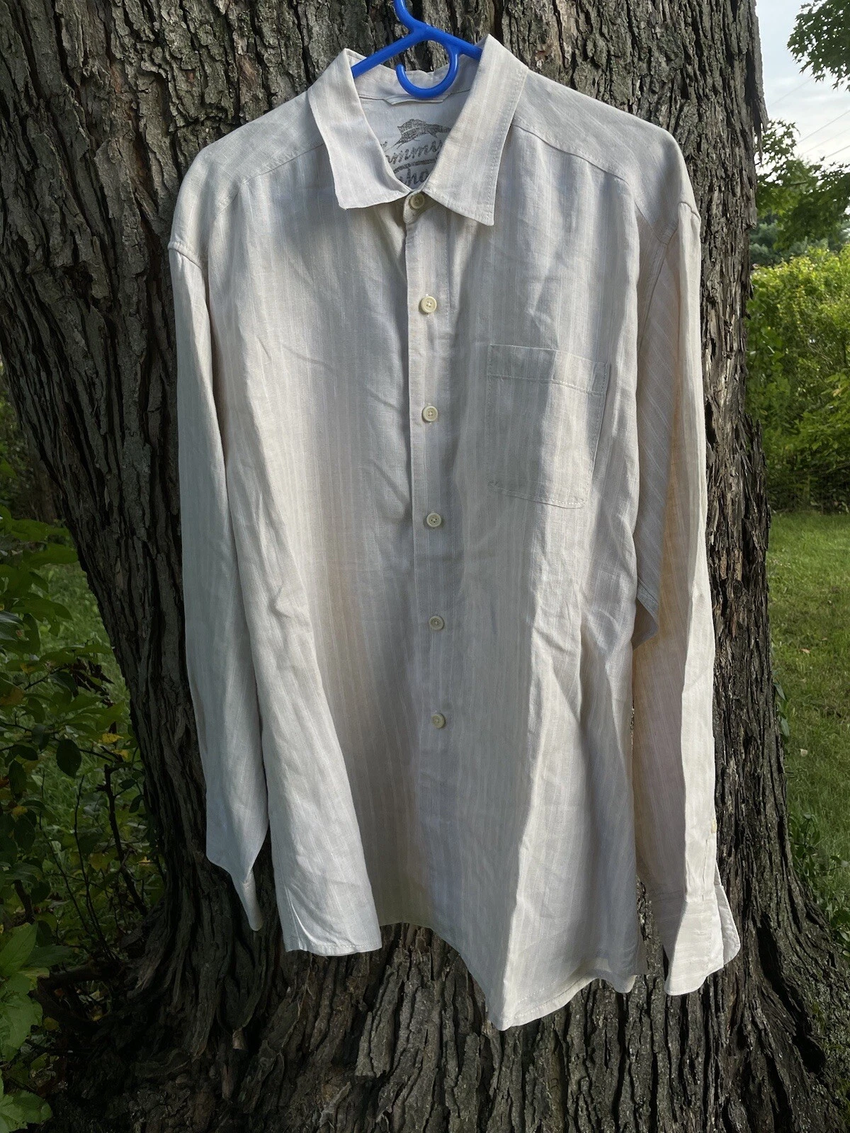 Tommy Bahama Linen Shirt Mens Size XL Beige Stripe Long Sleeve Button Up Pocket
