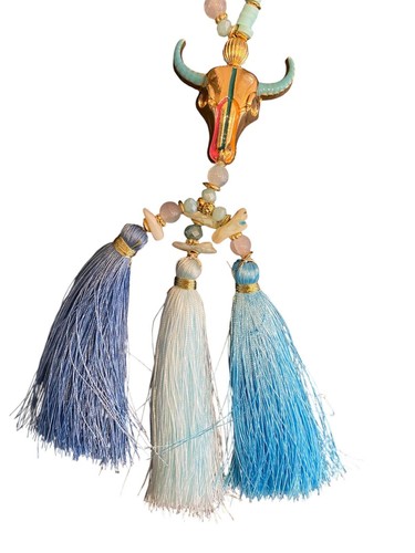 Bunte Mala Kette Halskette Boho-Stil – Blau Edelsteinen Muscheln und Büffel - Picture 4 of 4
