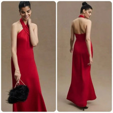 $248 BHLDN Anthropologie Ruby Twist Satin Halter Gown in Red 4 NEW B964