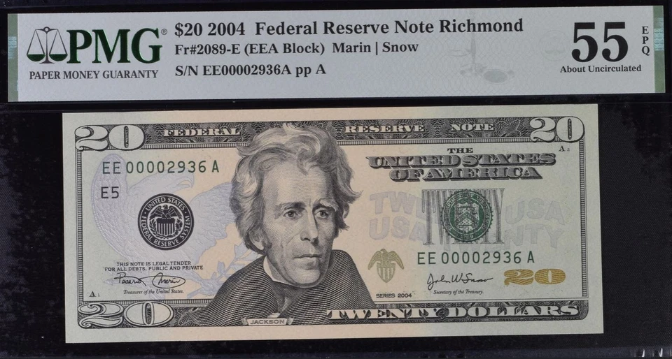 2004 $20 Federal Reserve Note PMG 55EPQ wanted popular low serial number 0002936 - Image 2 of 3