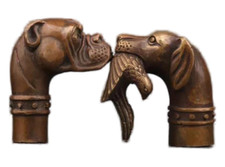 2 Bronze Dog Head Handle Crutch Dog Head Preying statues Walking Stick Cane Head