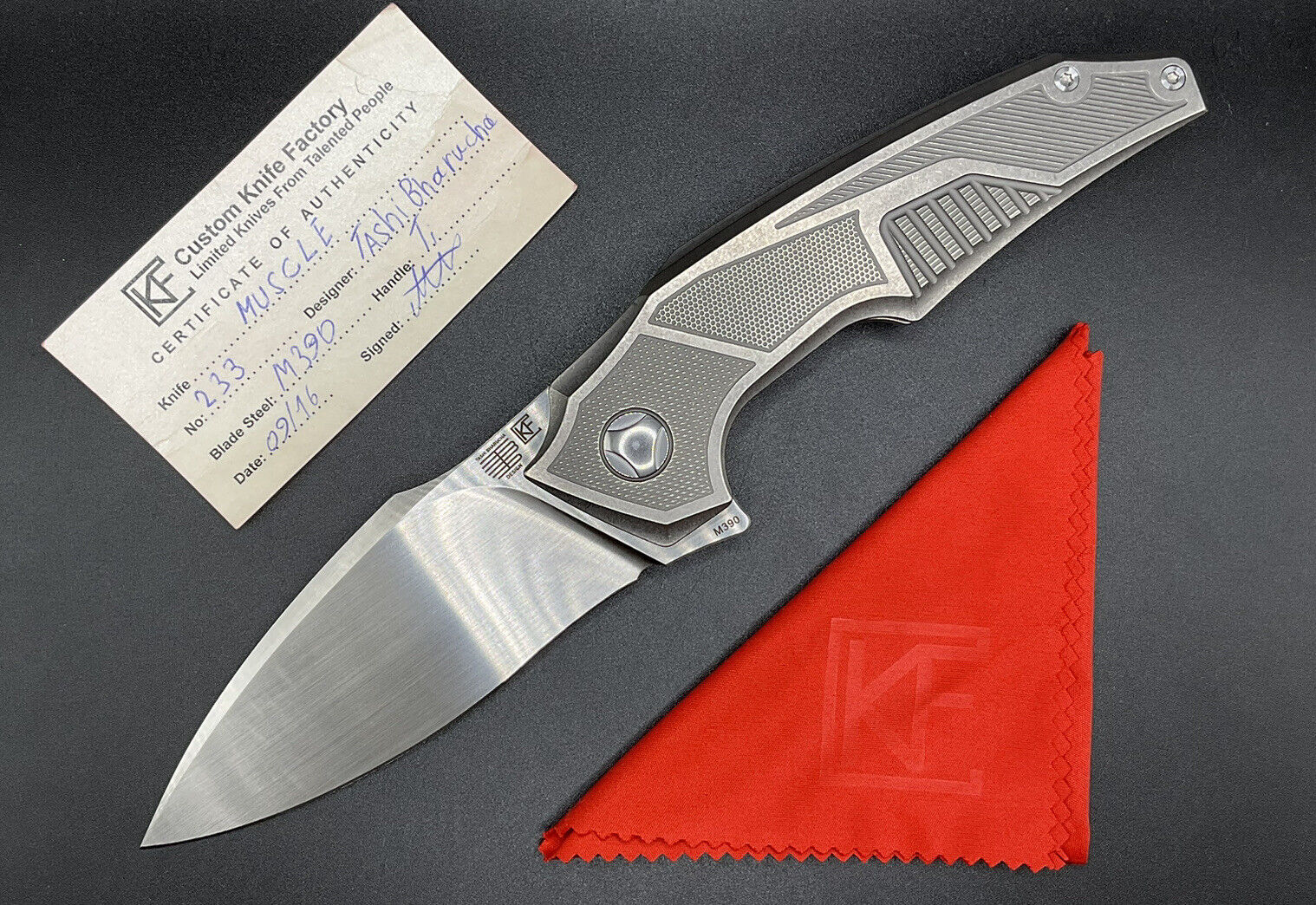Custom Knife Factory CKF Tashi Bharucha Muscle Satin M390 Milled Titanium
