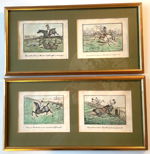 4 Antique, in 2 frames of 2, hand coloured equestrian engravings by Henry Alken - Afbeelding 1 van 8