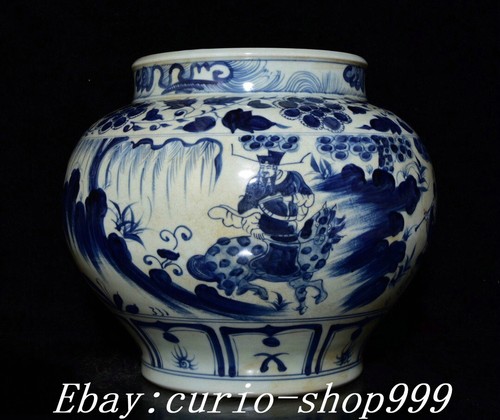 13,3" Alte Dynastie Blau Weiß Porzellan Guiguzi Menschen Reiten Pferd Topf Glas - Bild 3 von 9