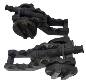 Set 2 Antique Cast Iron Wood Model Miniature Field Gun 10" Cannon On Wheels Toy 
