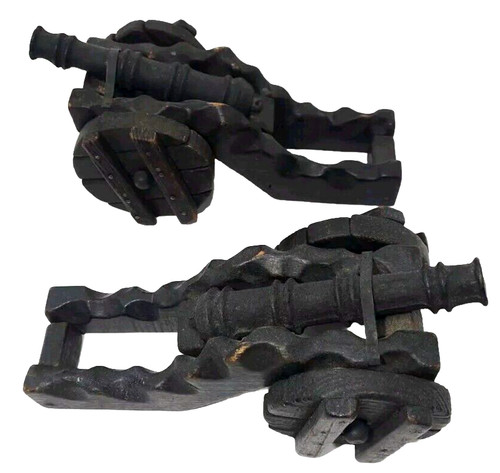 Set 2 Antique Cast Iron Wood Model Miniature Field Gun 10" Cannon On Wheels Toy 