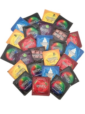 Trustex Flavors & Colors Lubricated Bulk Latex Condoms + Sleek Brass Pocket Case