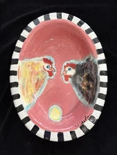 Handmade Ceramic  Open Casserole Bowl Chickens And Egg 14”x3”Original