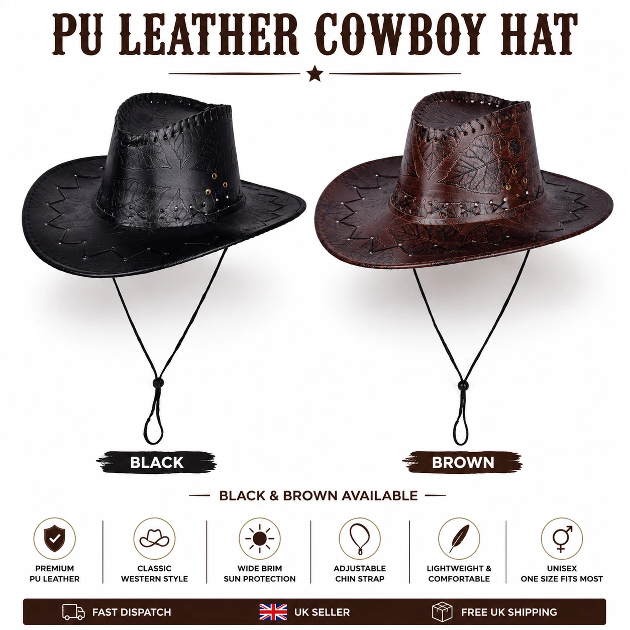 Unisex Cowboy Hat PU Leather Western Wide Brim Festival Rodeo Outdoor Sun Hat
