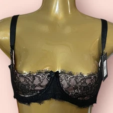 Frederick's of Hollywood Bra 34DD (32F 35E 36D) Mindy Black Lace Balconette Open