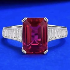 3.5ct Emerald Cut Ruby Simulated Lab Grown Diamond Baguette Ring 925 Silver