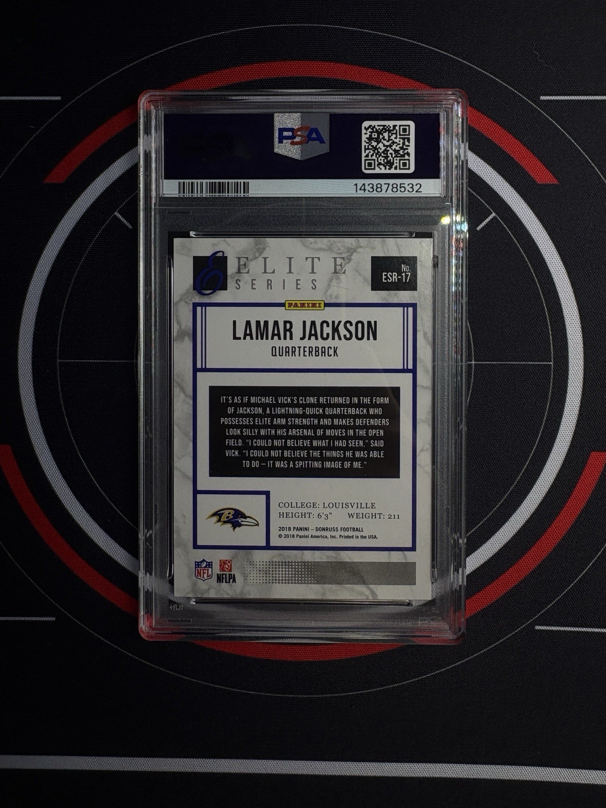 2018 Panini Donruss - PSA 10 The Elite Series Rookies Lamar Jackson #ESR-17 (RC) view 2