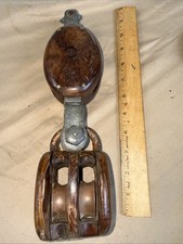 Antique Large Maritime Sailing Double Block Tackle Wooden Pulley Brass Wheel