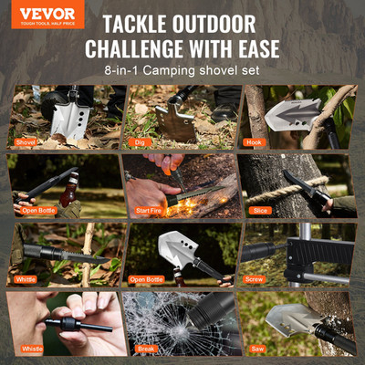 Survival Shovel 8 in 1 - Ultimate Folding Multitool for Camping, Portable & Comp