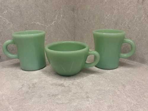 Vintage Fire King Jadite Oven Ware Heavy  2 Coffee Mugs 1 Coffee Cup C Handles