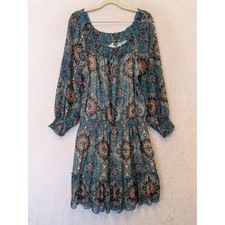Xhilaration Teal Paisley Boho Peasant Dress XXL Long Sleeve Smocked Lined