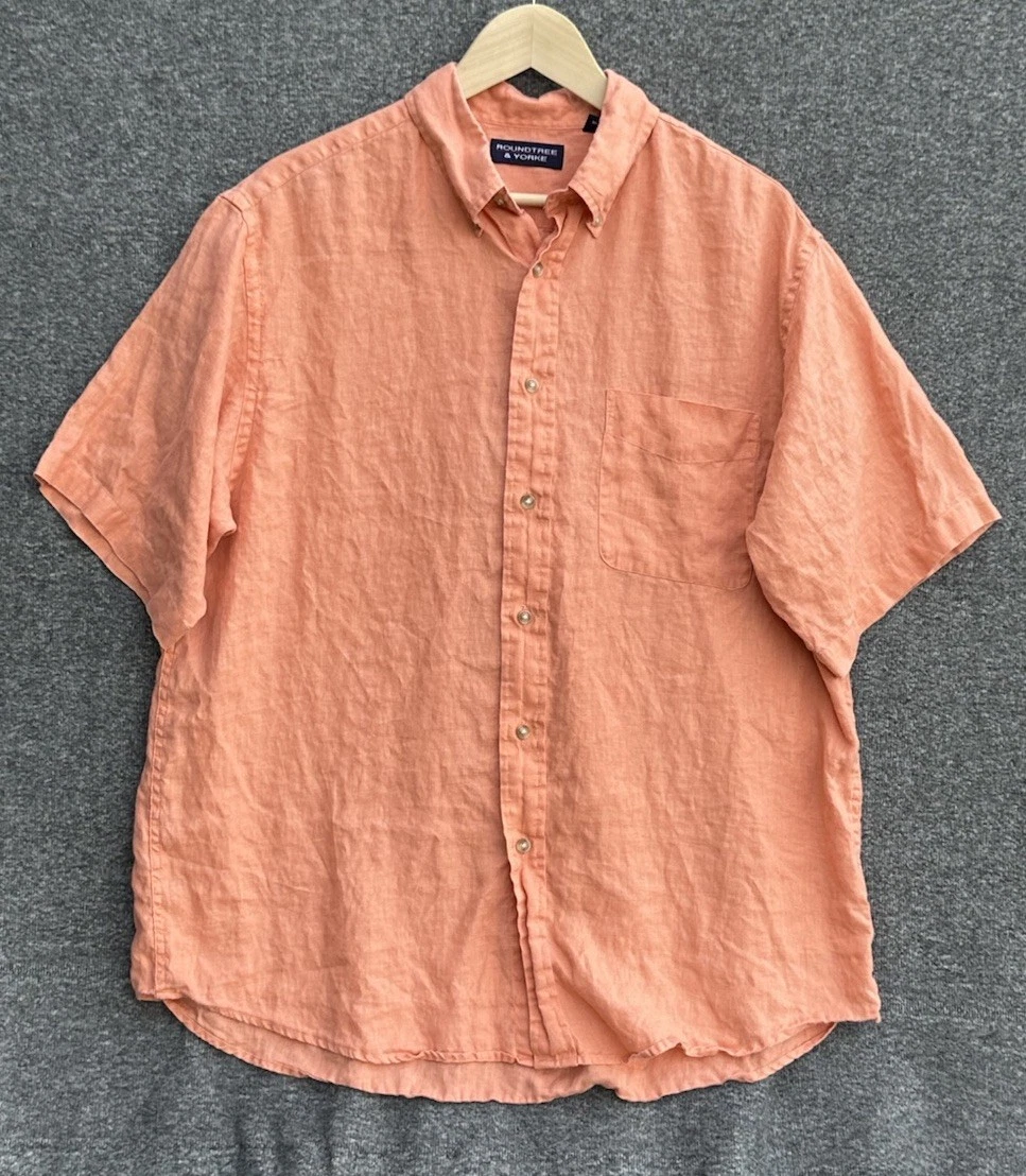 Roundtree & Yorke Men's Shirt Large Orange 100% Linen Short Sleeve Button-Up
